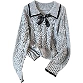 RoseSeek Women's Plus Size Cable Knit Bowknot Sweaters Long Sleeve Collared Cute Pullover Jumper