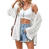 Angashion Women's Crochet Cardigan Sweaters Lightweight Knitted Long Batwing Sleeve Hollow Out Tie Front Boho Beach Cover Up