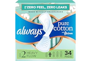 Always Pure Cotton Pads with FlexFoam, Size 2, Heavy Absorbency, with Wings, Made with a Premium Cotton Top Layer, Made witho