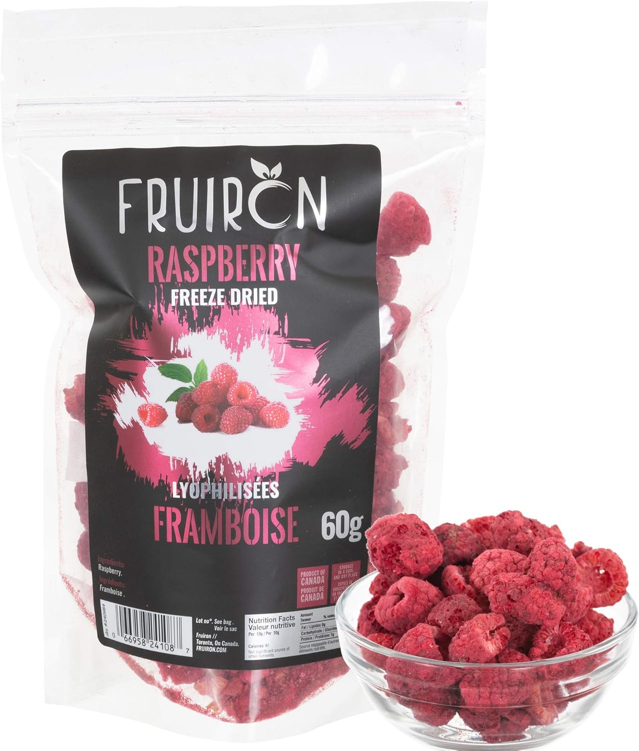 Fruiron Freeze Dried Whole Raspberries 60 g (2.12 oz) Pure Freeze