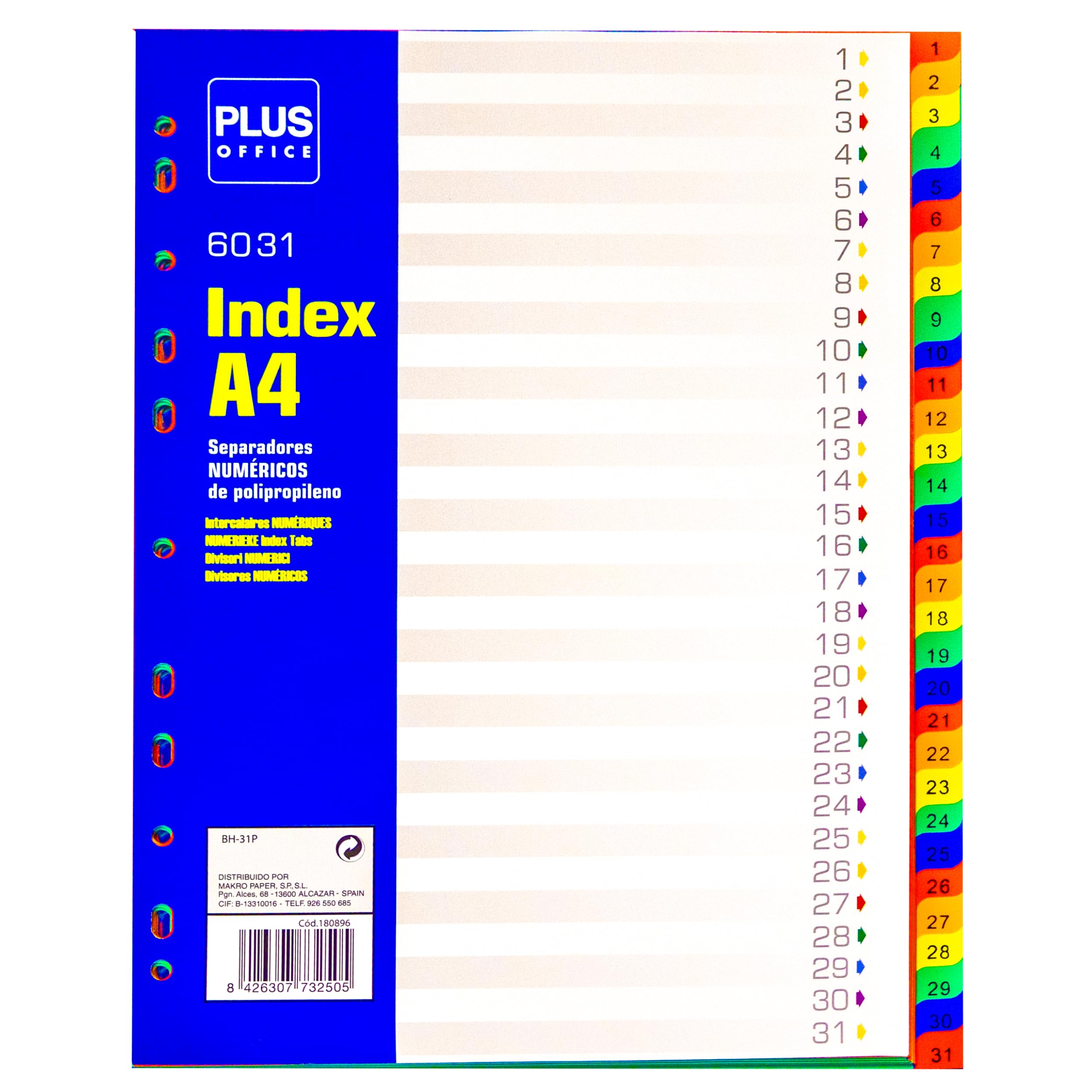 Plus Office - A4 Binder dividers with 31 tabs Made of 100% Recyclable Polypropylene, Numbers 1-31, dividers 11 Holes and tabs for Ring Binders, for School and Office use