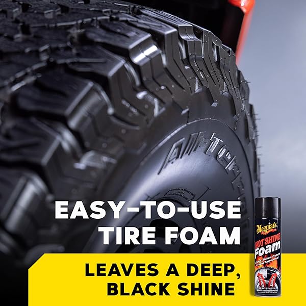MEGUIAR’S HOT SHINE TIRE FOAM, HIGH GLOSS TIRE SHINE THAT CLEANS, SHINES, AND PROTECTS IN ONE STEP, DEEP, BLACK SHINE WITH CONDITIONERS AND UV PROTECTION, BEST GIFTS FOR CAR LOVERS, 19 OZ AEROSOL