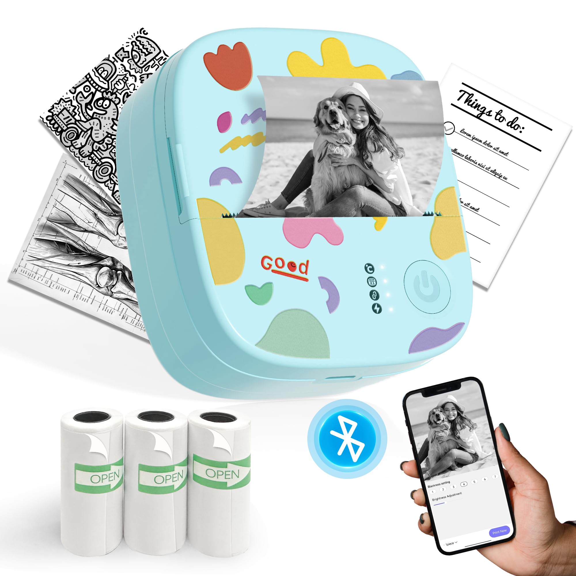 Photo 1 of XenGro Mini Portable Sticker Printer, Mini Thermal Printer with 3 Rolls Paper, Bluetooth Inkless Printpods, Pocket Label Maker Suitable for Creative DIY, Diaries, Photos, Study Notes - Blue