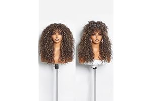 GORGIUS Veralux Blend Human Hair Highlight Brown Curly Wig with Bangs Glueless Synthetic Bang Wigs with Realistic Scalp Put On ang Go Beginner Friendly 20 Inch