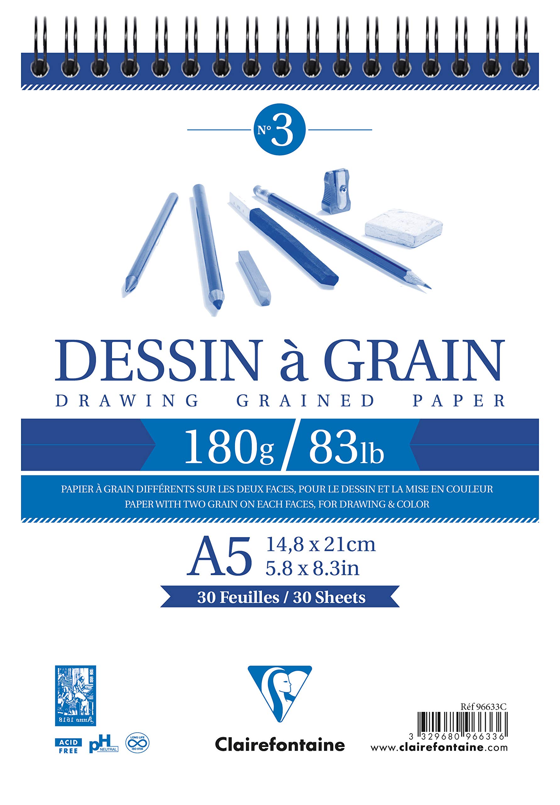 Clairefontaine - Ref 96633C - White Grained Drawing Wirebound Paper Pad (30 Sheets) - A5 Sized, 180gsm Paper, White & Grained Drawing Paper, Acid Free, pH Neutral