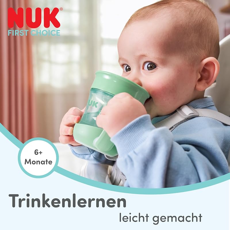 Mini Magic Cup Night Trinklernbecher, ab 6 Monaten, Grün & Grau, 160 ml, 360° Auslaufschutz-Rand, Trinkbecher mit rutschfesten Griffen, leuchtet im Dunkeln, 2 Stück