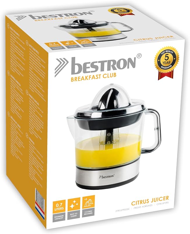 Bestron espremedor elétrico de frutas cítricas e laranja, incl. 2 cones espremedor e tampa aromática, motor com dois sentidos de rotação (esquerda/direita), capacidade: 0,7 litros, 40 watts, cor: prata