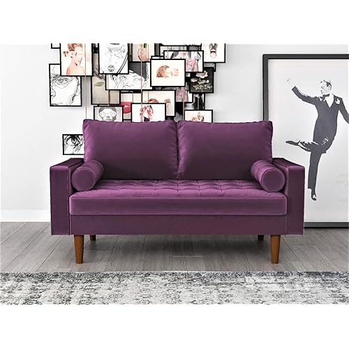 Container Furniture Direct S5458 Mid Century Modern Velvet Upholstered Tufted Living Room Loveseat, 57.87", Eggplant