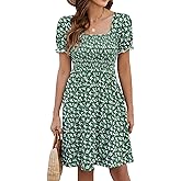 Naggoo Women's Summer Dresses Short Puff Sleeve Casual Square Neck Floral Print Smocked A Line Flowy Beach Sun Dresses