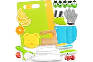 SMILESSKIDDO Kids Cooking Set - 19 Pieces Real Montessori Kitchen Tools - Toddler Safe Knife with Wooden Handles, Serrated Edges, Plastic Knife, Cutting Board, Gloves