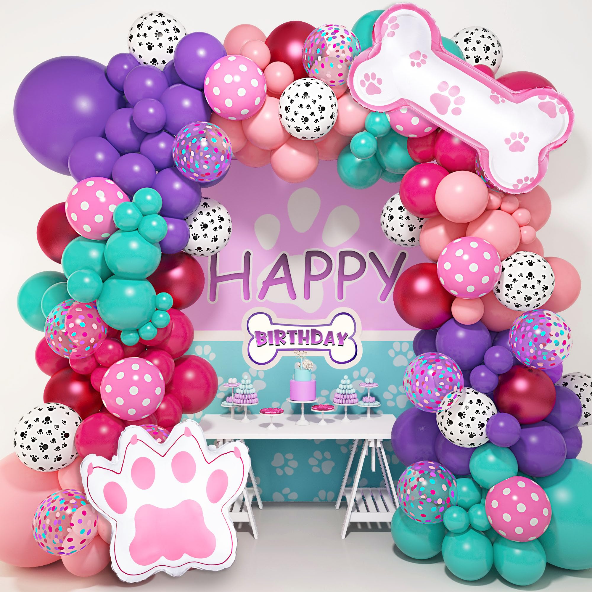 Photo 1 of 147Pcs Paw Balloons Garland Arch Kit with Dog Paw Print Balloons Pink Purple Turquoise Confetti Balloon for Girls Puppy Themed Birthday Baby Shower Party Decorations