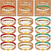 Huquary 12 Set Thanksgiving Fall Bracelets with Card Thanksgiving Party Favors Pumpkin Clay Beaded Stretch Stackable Bracelets Fall Charm Pumpkin Jewelry Set for Women Party Supplies