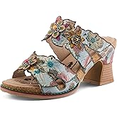 Spring Step L’Artiste Radiating Women's Sandal – Hand-Painted Floral Leather Slide with Cork Footbed - Adjustable Hook & Loop Strap, Microsuede Insole