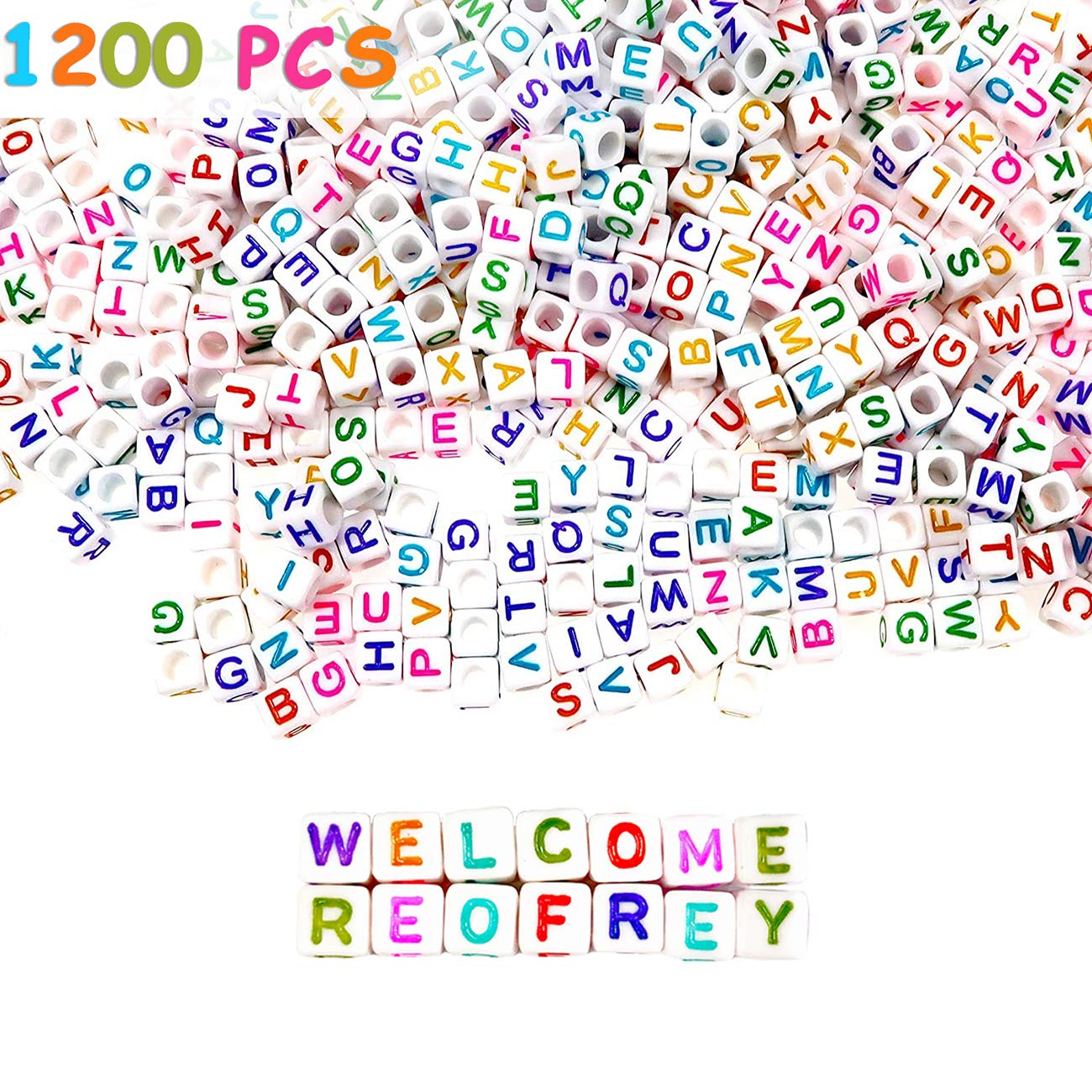 Reofrey 1200Pcs Alphabet Cube Beads Kit Colorful A-Z Letter Acrylic White Square 6x6mm with Elastic Crystal String Cord for Jewelry Making DIY Necklace Bracelet Key Chains