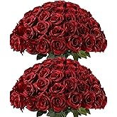 Kisflower 60 Pcs Burgundy Roses Artificial Flowers Bulk, Maroon Flowers Artificial Silk Roses with Stems for Decoration DIY Wedding Bouquet Bridal Shower Party Home Table Centerpieces Decor (Burgundy)