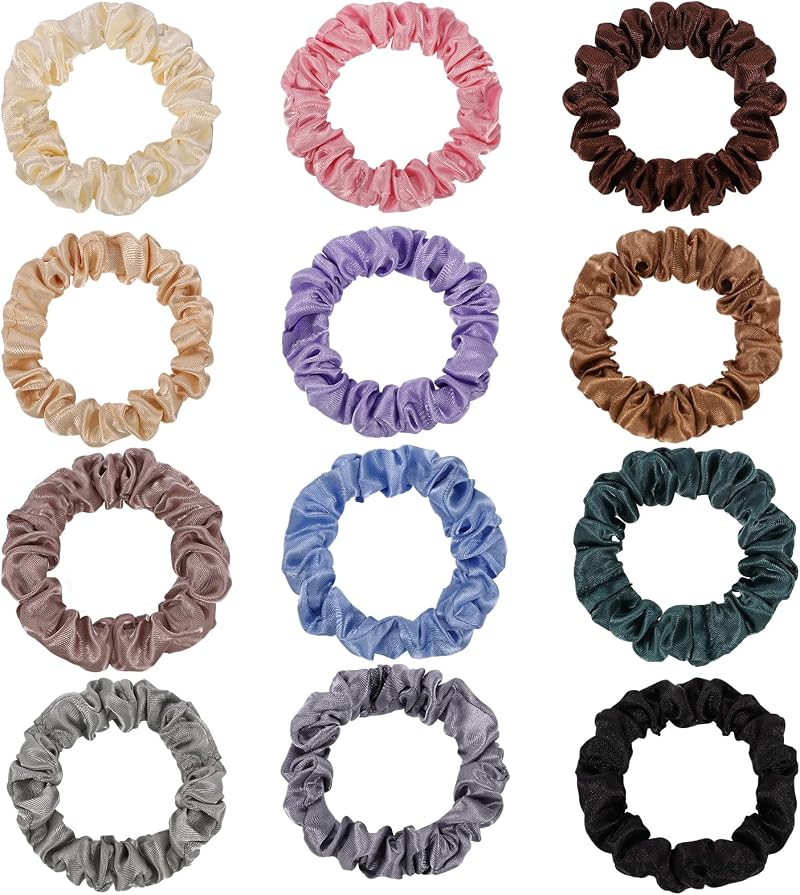 Kuou 12 Pcs Satin Hair Scrunchies for Women Skinny Hair Ties Elastic Silk
