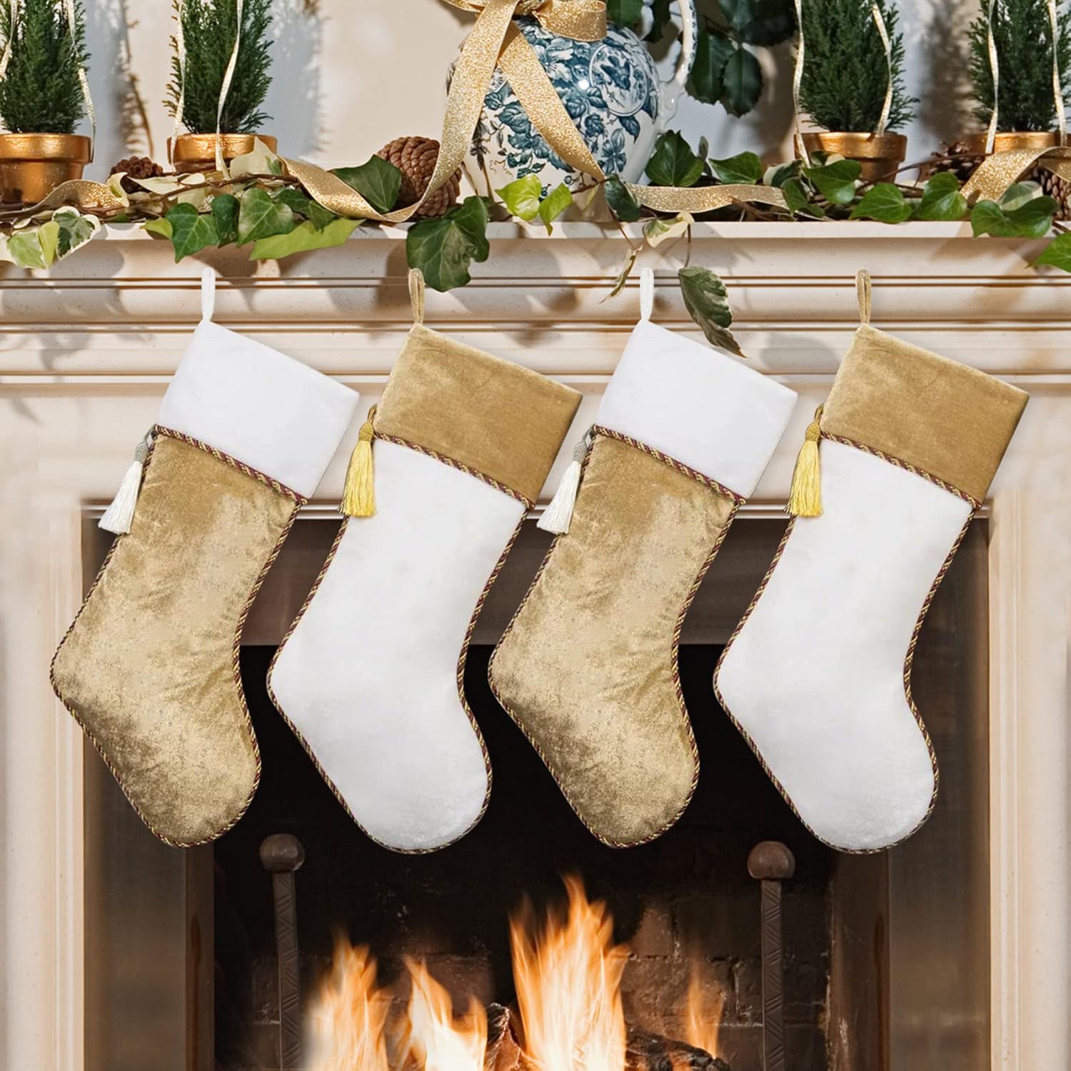 Stockings & Holders - Ugiftcorner White and Gold Christmas Stockings 4 Pack Velvet Christmas Stockings with Tassel Decoration Large Stockings Christmas Decorations for Xmas Fireplace Holiday Party