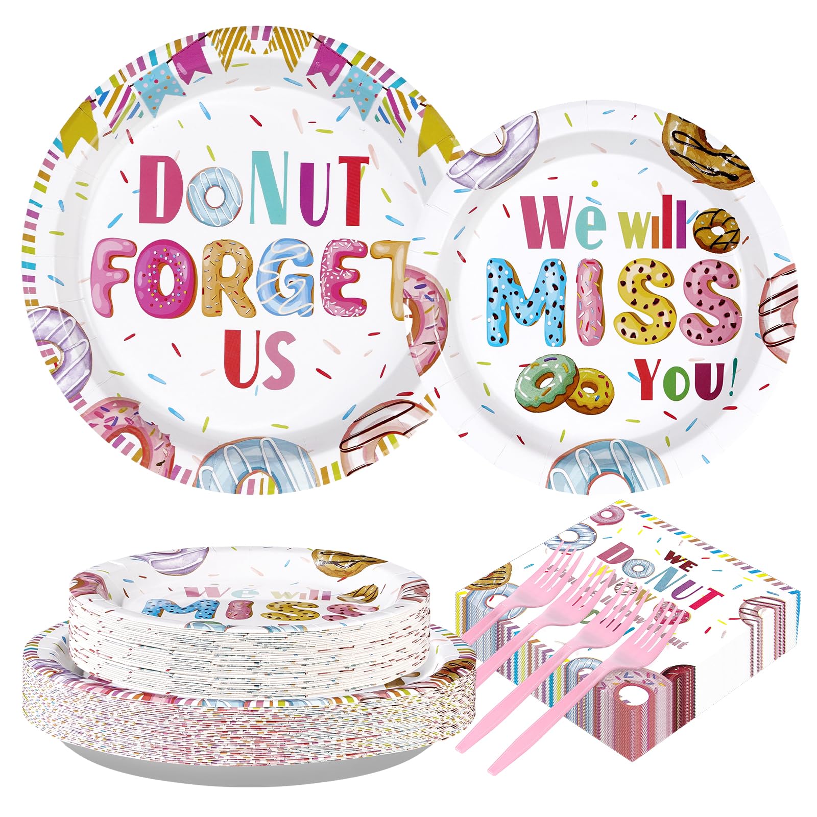 Photo 1 of 200PCS Farewell Retirement Party Supplies Colorful Donut Forget Us Plates and Napkins Disposable We Will Miss You Tableware Set for Coworker Going Away Retirement Party Decorations Serves 24