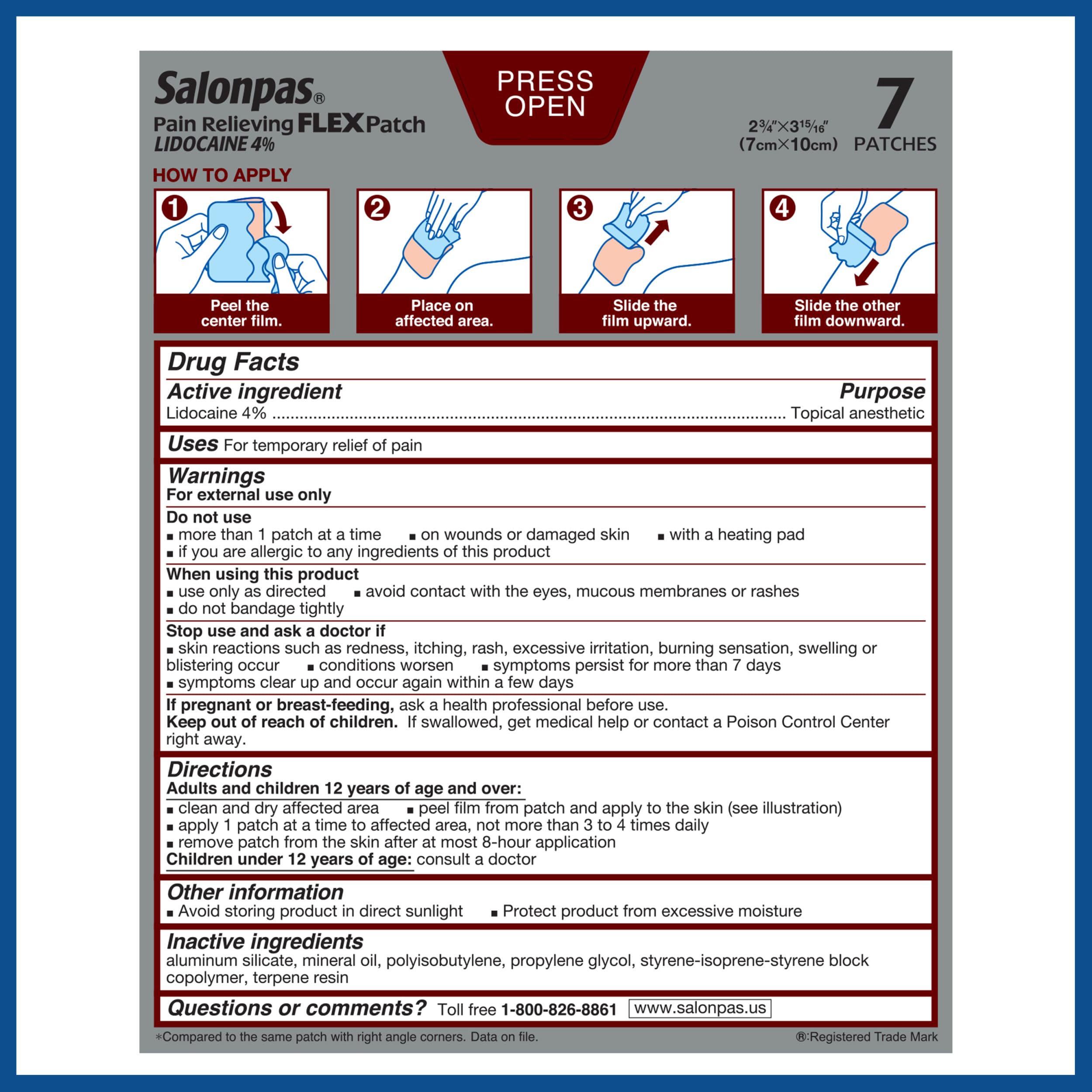 Salonpas Maximum OTC Strength Lidocaine 4% Pain Relieving Flex Patch, Apply for Up to 8 Hours, Unscented, Thin, Flexible, Lightweight, Patch Stays in Place, 7 Patches