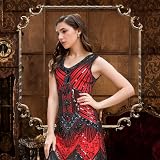 FEPITO 1920s Flapper Dress Sequin Fringe V-Neck Midi 20s Accessories Set S-XL view 2