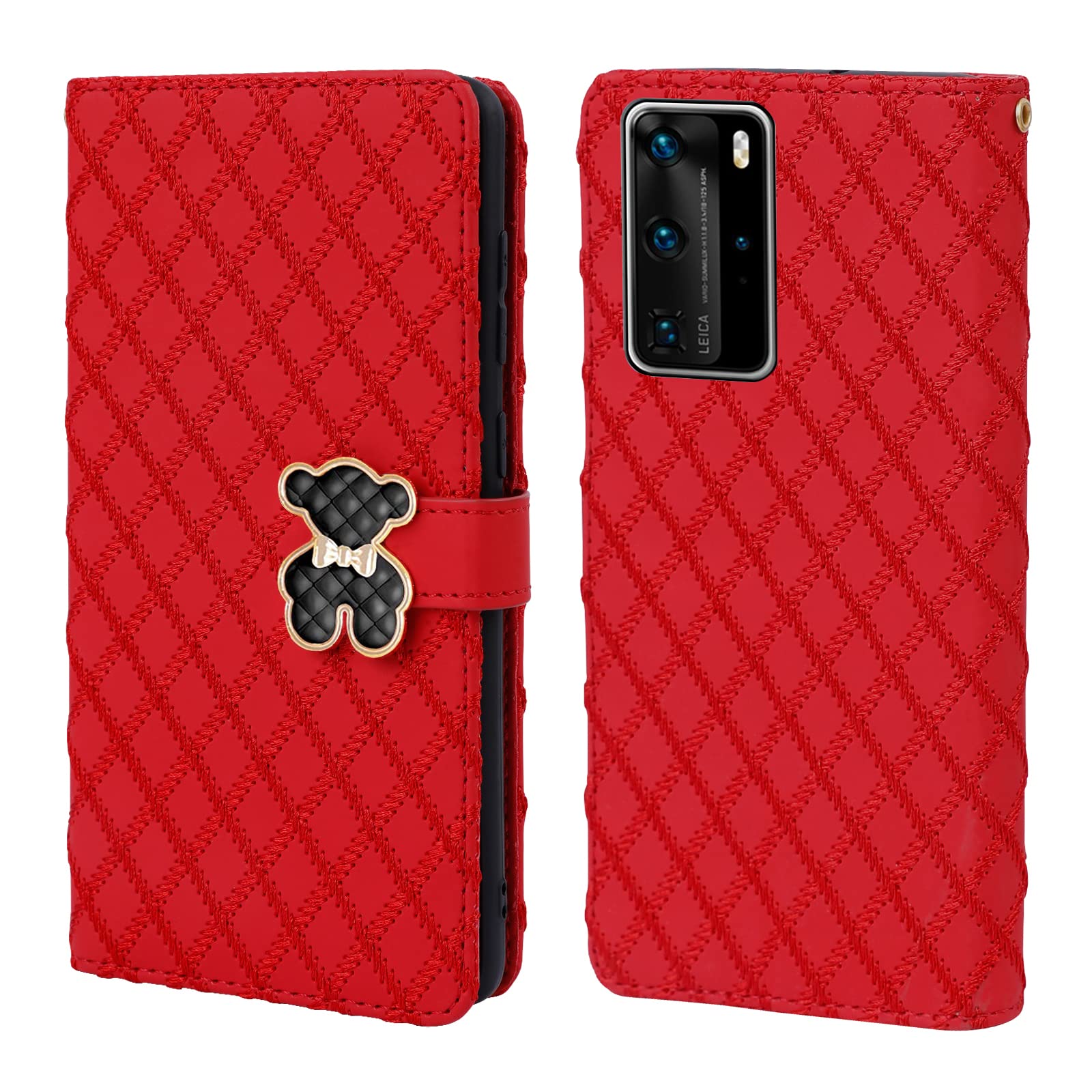 Tiyoo Huawei P40 Pro Flip Case with Wallet, 3D Metal Bear Magnetic Closure, Support Stand and Card Slots, PU Leather with Quilting Embroidery Process (Red)