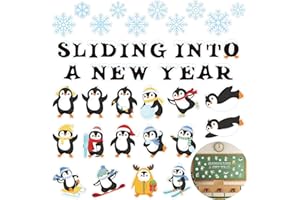 Haooryx 92Pcs Christmas Winter Snow Penguin Bulletin Board Set Classroom Decoration, Penguin Paper Cut-Outs Blackboard Border Nametag Set for Xmas Winter Party Home School Whiteboard Window Wall Decor