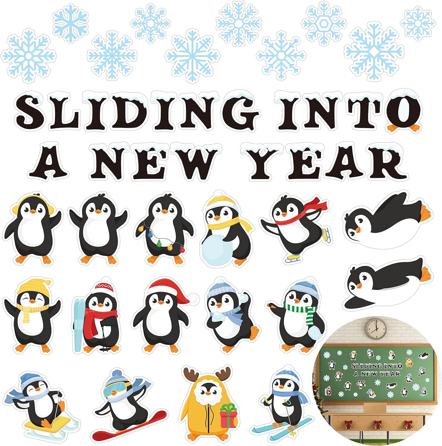 Haooryx Christmas Winter Penguin Bulletin Board Set - 92 Pcs Paper Cut-Outs, Multicolor, Cartoon, 28cm x 28cm (11in x 11in), Unframed, Wall Mount Door, Standard Finish