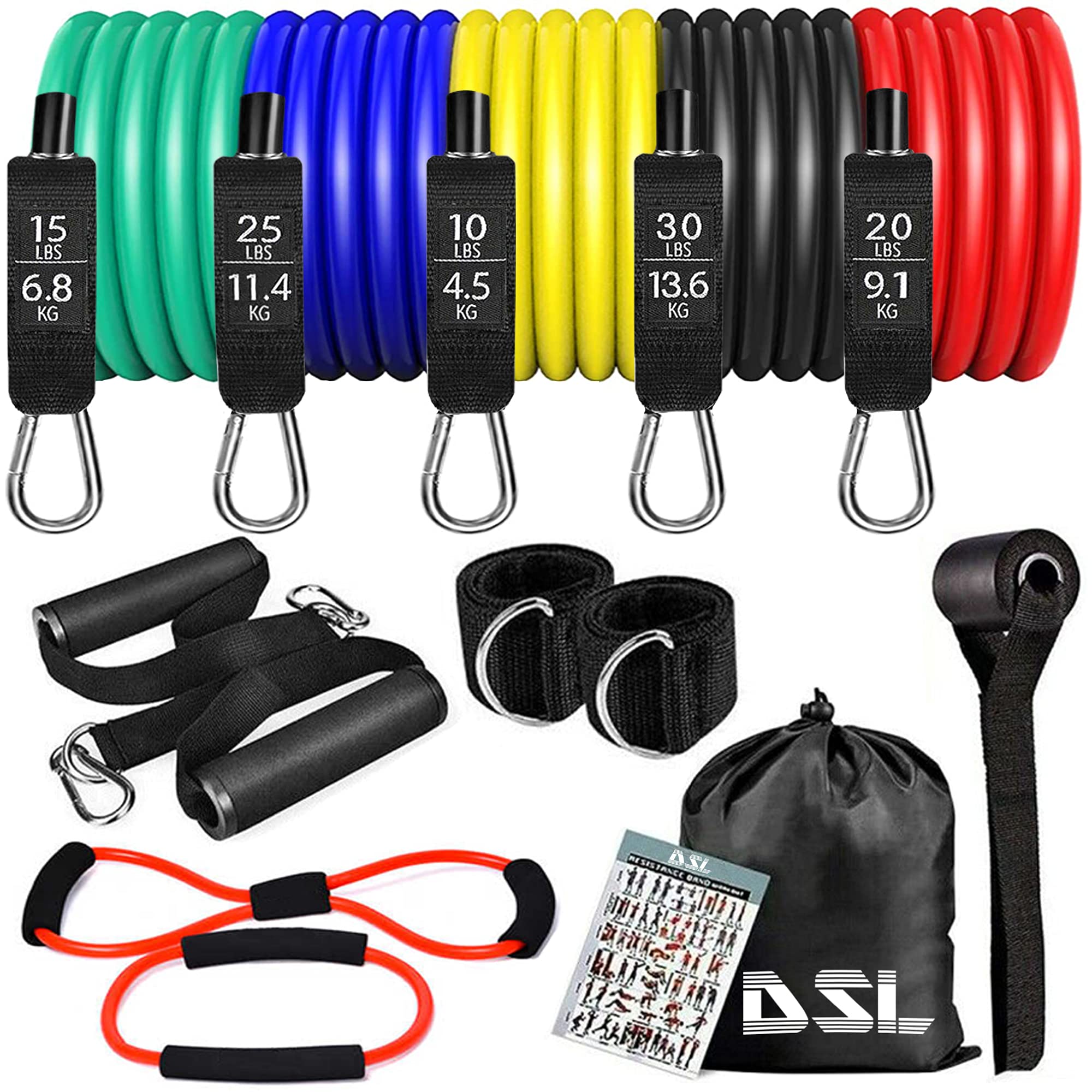Resistance Bands - 14 Pc Resistance Bands Set Men Women, Exercise Band Fitness Workout Home Gym Equipment - Exercise Bands Up to 100 lbs