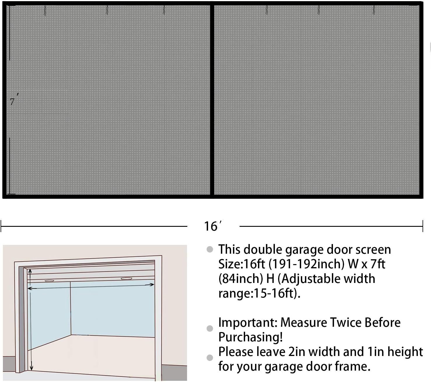 Garage Door Screen - 2 Car 16x7Ft Magnetic Closure Heavy Duty Weighted Bottom Screen Self Sealing Fiberglass Mesh Retractable Net - Easy Assembly & Pass-Through(Black) - - 