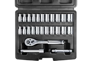 BOEN 25 Pieces 1/4" Drive Socket Set, SAE (5/32"-9/16") & Metric (4mm-14mm), 6-Point, Shallow Sockets with Ratchet, Extension Bars and Storage Case,Cr-V Steel