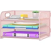 Cawukege 3 Tier Paper Organizer with Handle, Metal Desk Organizer Mesh Paper Letter Tray Desktop File Folder Document Sorter for Classroom, School, Office Accessories Organization and Storage - Pink