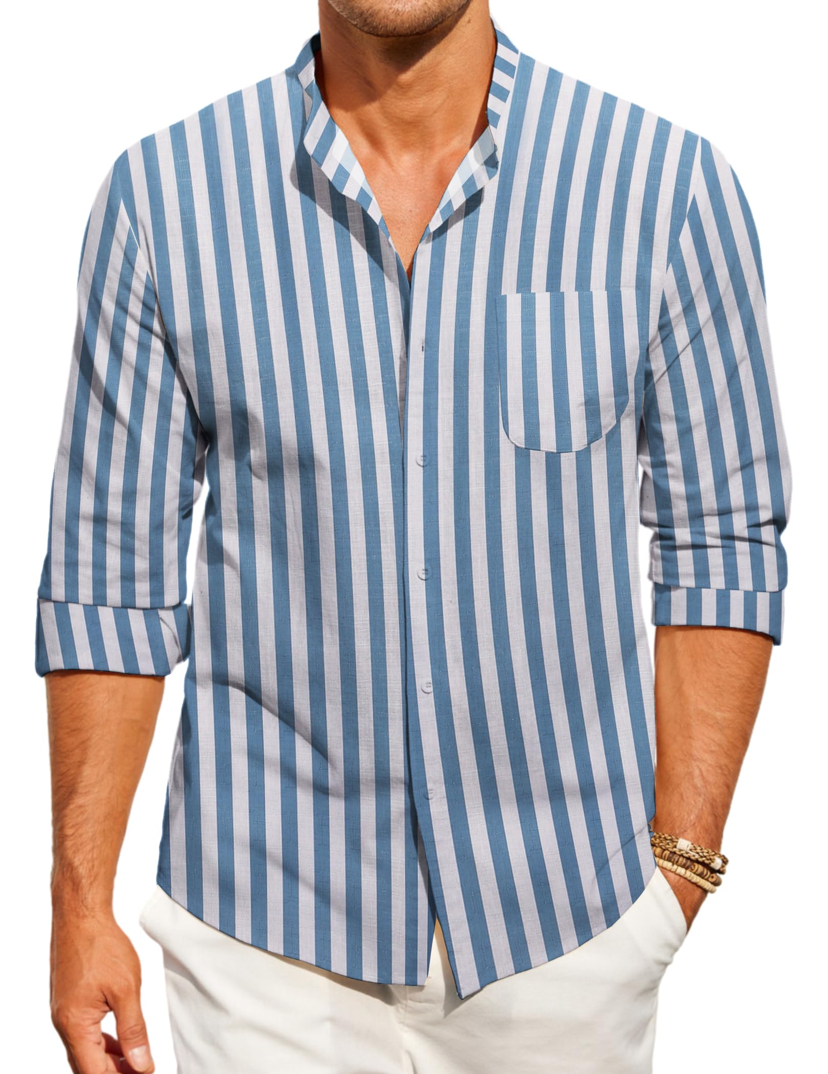 Photo 1 of COOFANDY Mens Long Sleeve Button Down Fashion Cotton Linen Block Striped Casual Front Pocket Work Shirt