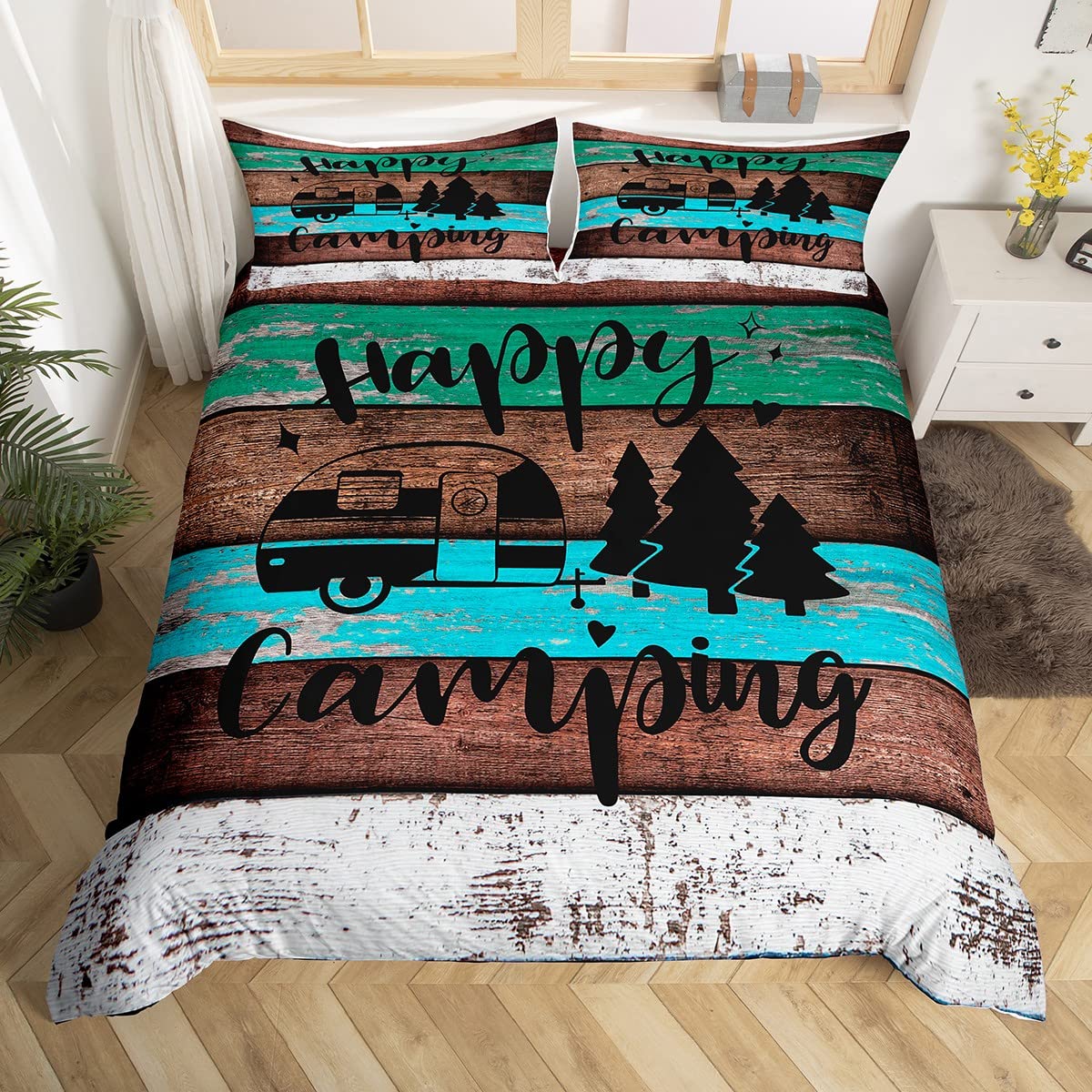 richhome Happy Camping Bedding Set Single Size,Cartoon Camper Theme Duvet Cover with 1 Pillow Sham Comforter Cover(No Filler) for Kids,Rustic Farmhouse Style Quilt Cover Set Decorative 2 Pcs — image 1