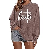 Zoemghc Christian Shirts for Women Faith Can Move Mountains Acid Wash Shirt Jesus Religious Bible Verse Long Sleeve Top