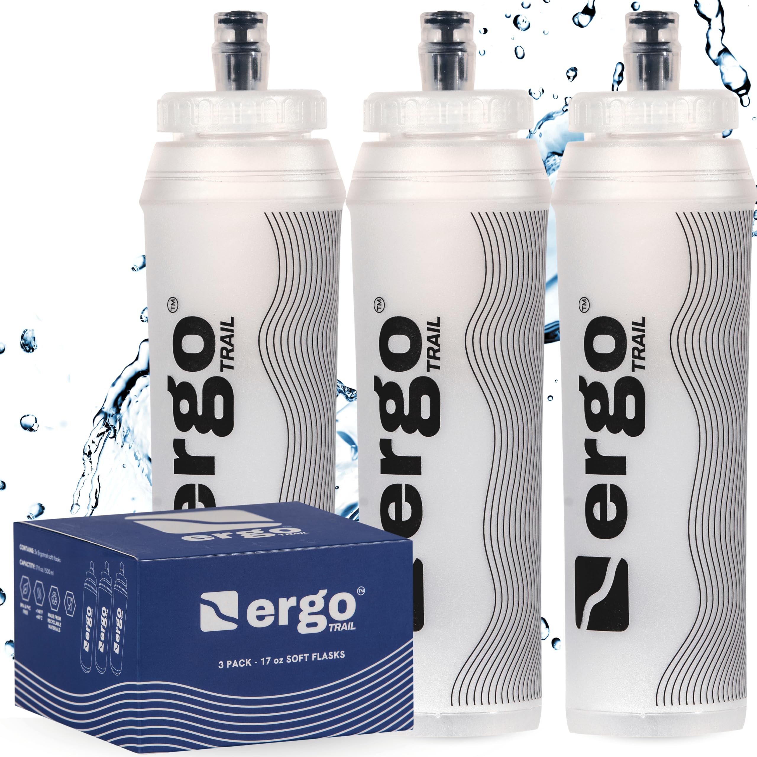 Photo 1 of Ergotrail Soft Flask 500ml 3-Pack – Lightweight, Leak-Free Hydration Bottles for Runners, Hikers & Athletes – Bite Valve, Wide-Mouth, Freezable Soft Water Bottles for Running Vests