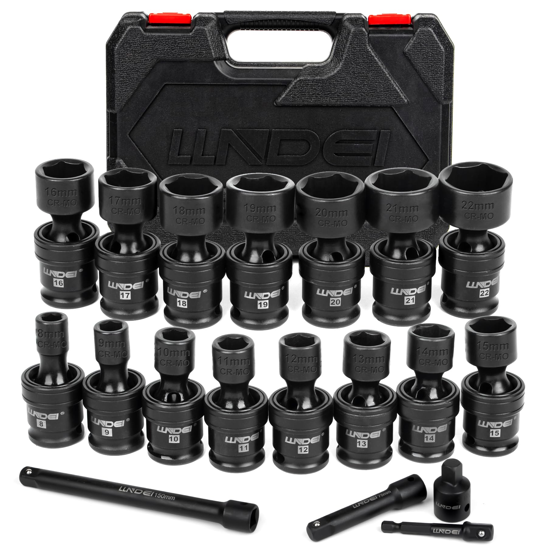 Photo 1 of LLNDEI 3/8" Drive Universal Impact Socket Set, 19 Pieces CR-MO Swivel Socket Set, Metric(8-22mm) Wobble Sockets 6 Point with Extension Bars, Adapter and Black Organizer