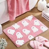 Hillsuren Pink Ghost Bathroom Rug Spooky Halloween Bath Mat, 24 x 16 Inch | Non Slip Washable Ghost Bathroom Decoration, Plush Microfiber Rug, Cute Halloween Decor for Home Bedroom Shower Floor