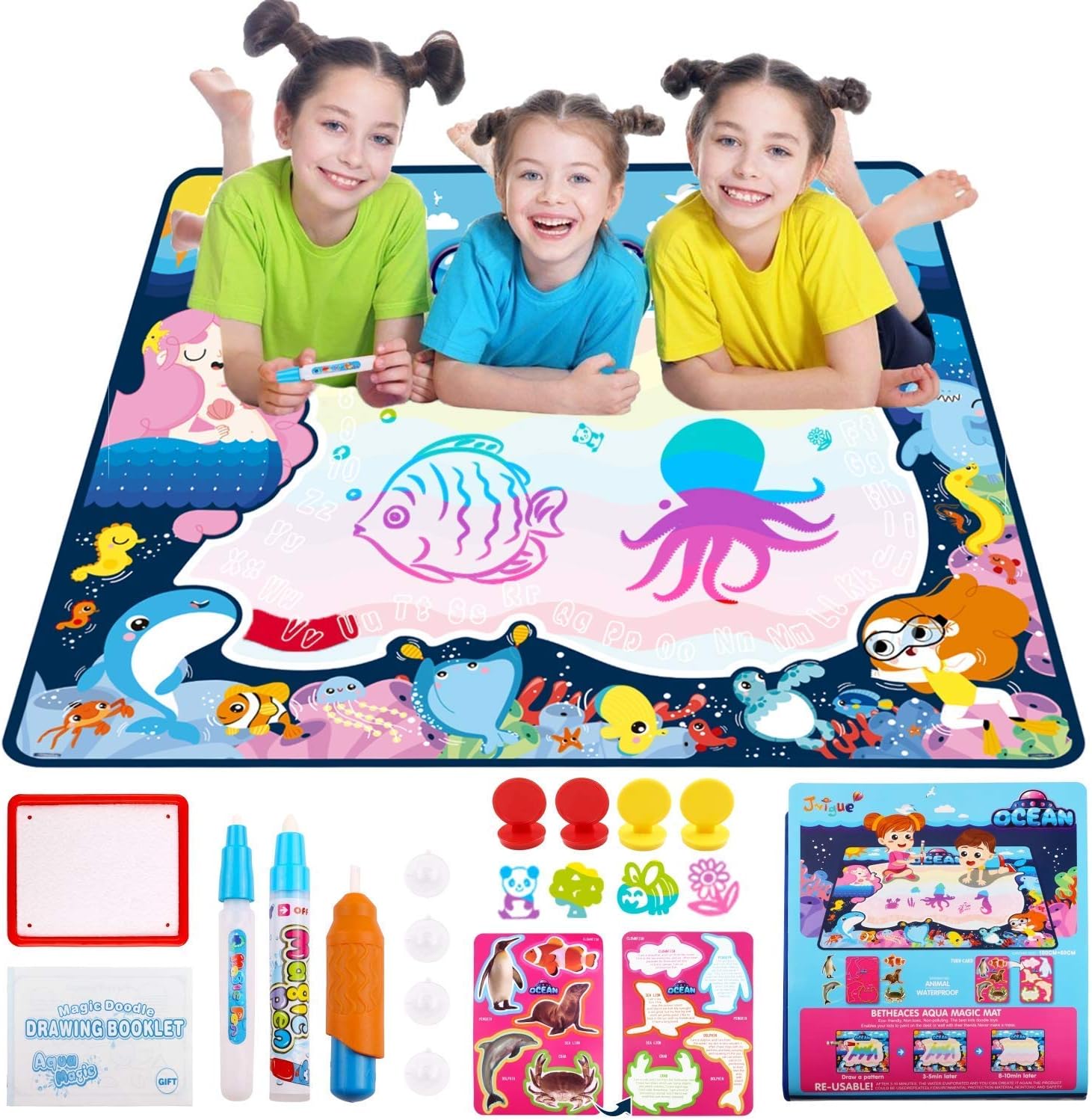 HUJOO Water Doodle Mat, Ocean Water Doodle Drawing Mat Kids Magic Painting Board with 7 Rainbow Colors Educational Travel Toy Gift for Toddler Boy Girl