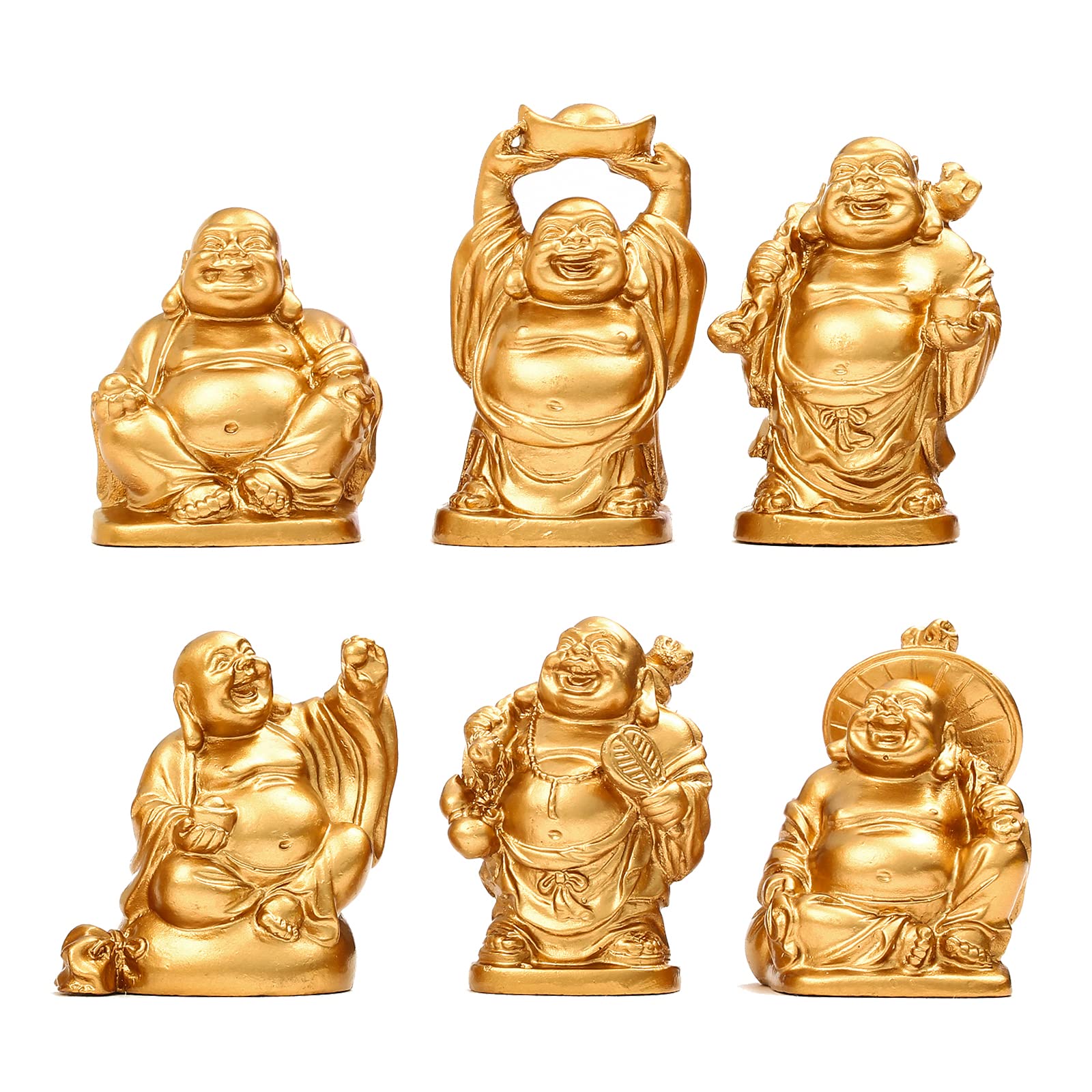 STCREE Resin Fesng Shui Laughing Buddha Statues Gold Lucky Happy Maitreya Statue 5.5cm(H) Desk Flower Pot Decoration Collectible Gift 6pcs TQGJST3