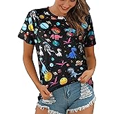 Ezcosplay Women Short Sleeve Space Shuttle Astronaut Universe Galaxy T-Shirt Graphic Shirt Casual Tee Tops