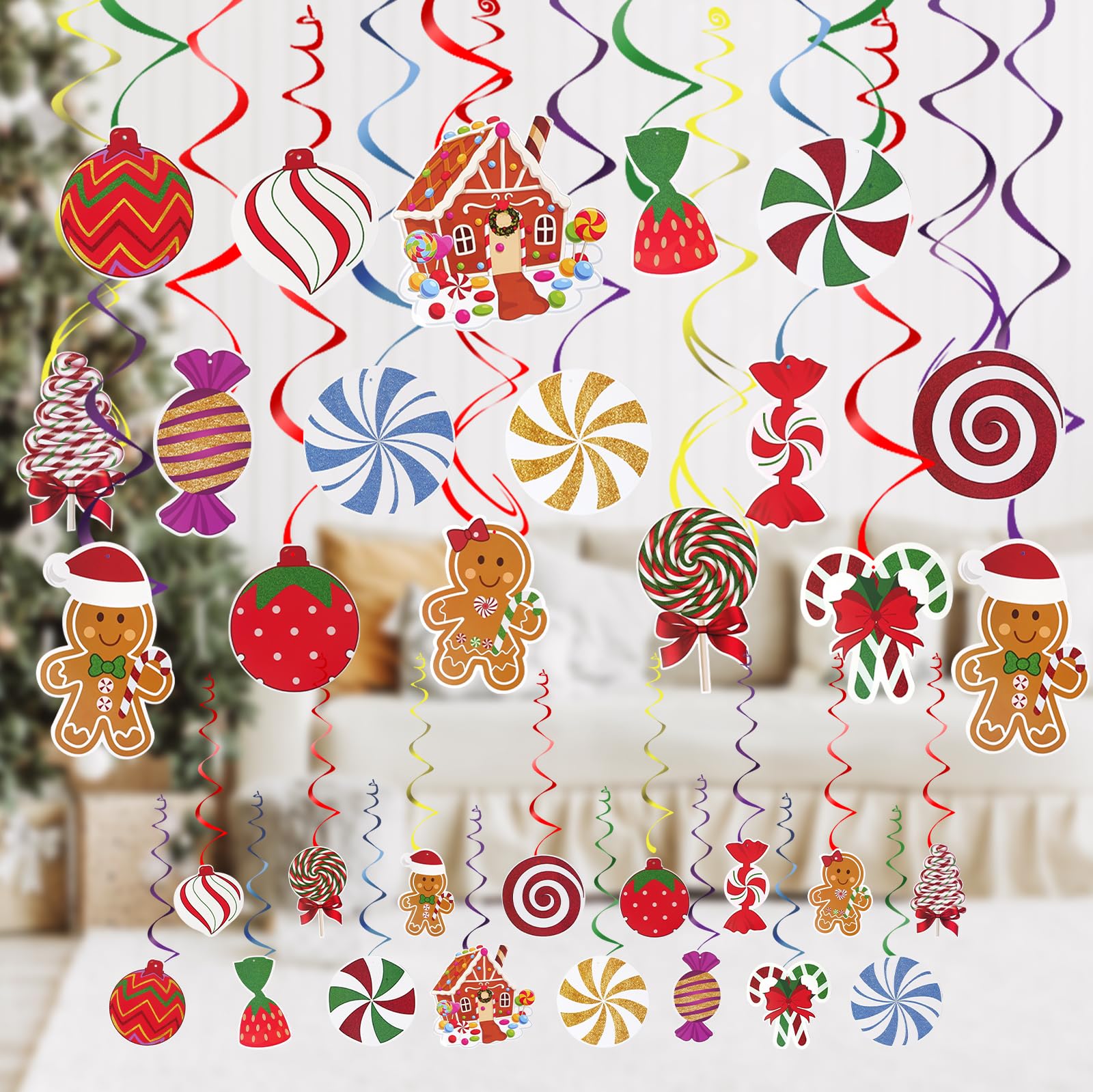 Photo 1 of 36PCS Gingerbread Candies Christmas Decoration Christmas Party Candy Cane Hanging Swirl Decorations for Christmas Indoor and Outdoor Decorations (Red & White)
