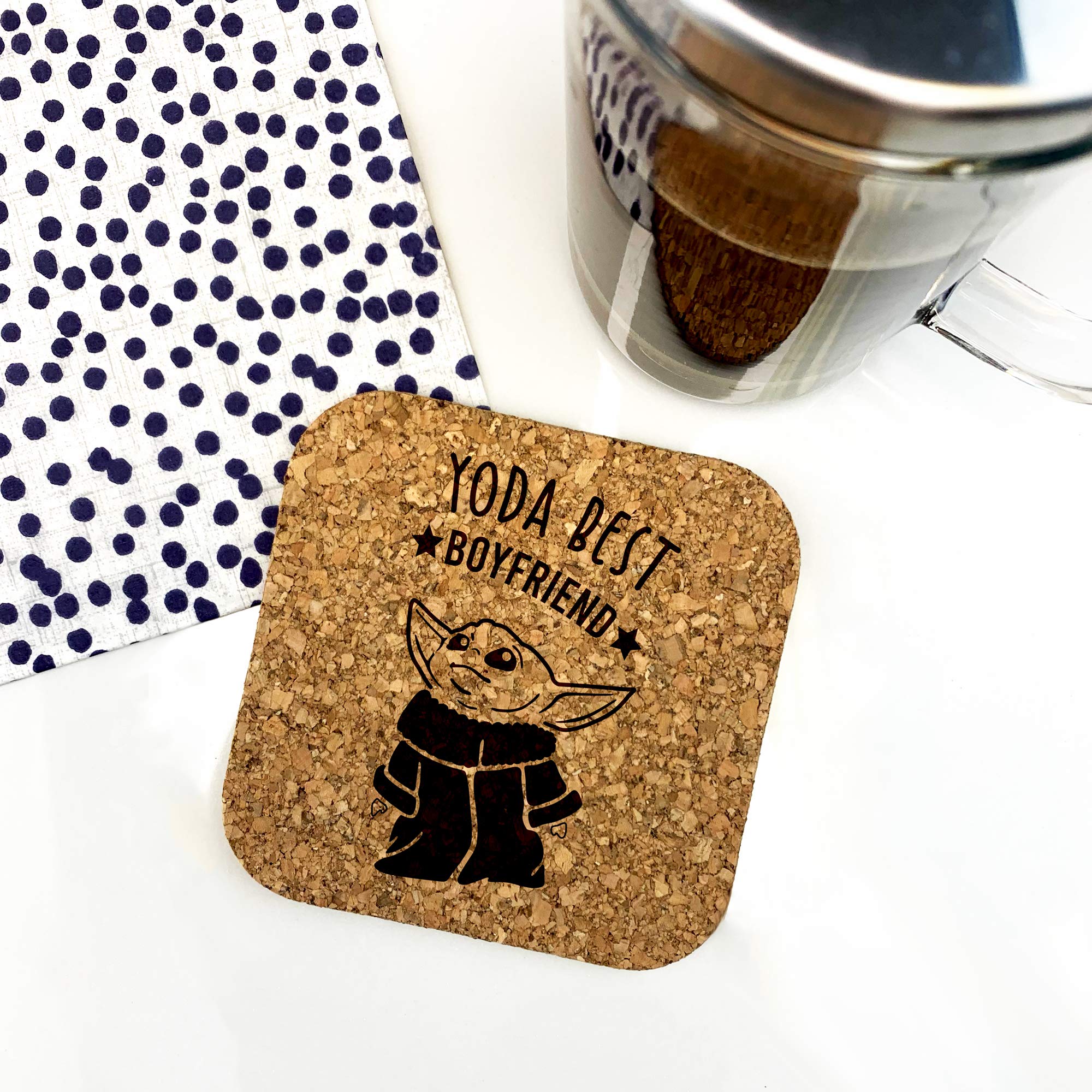 eBuyGB Personalised Square Cork Coaster, Eco-Friendly Engraved Baby Yoda Coaster, Star Wars Themed Drinks Mat, Funny Gifts for Partner (Yoda Best Boyfriend)