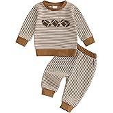 Karuedoo Toddler Baby Boy Girl Football Outfit Rugby Embroidery Stripe Long Sleeve Waffle Knit Sweatshirt and Pants Set