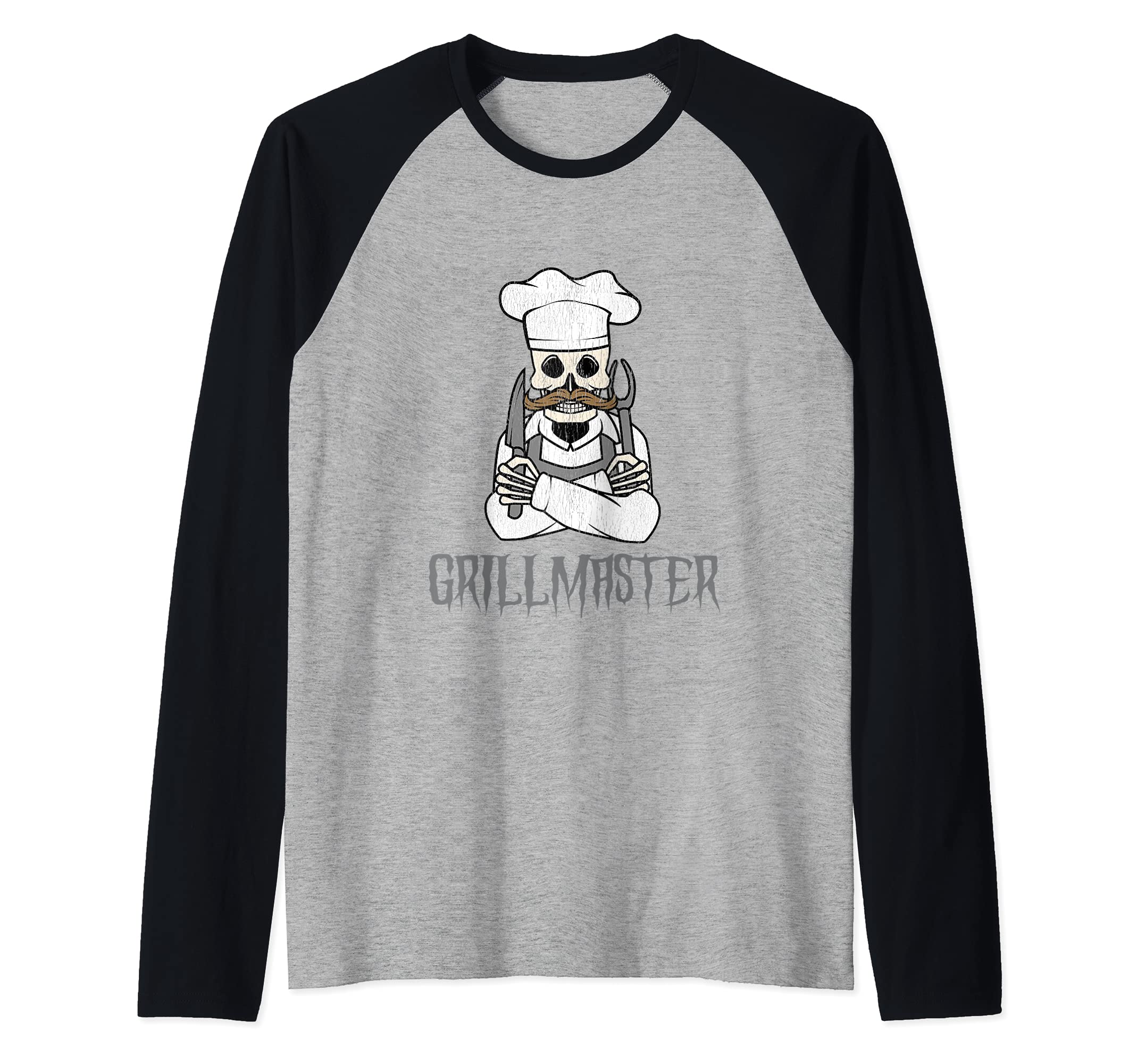Grill Master Chef Skull Grillmaster Grilling Funny BBQ Raglan Baseball Tee