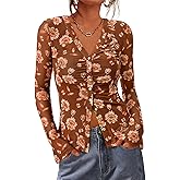 BTFBM Button Down Shirts for Women 2026 Spring Boho Tops V Neck Long Sleeve Blouses Ruched Mesh Fitted Fall Fashion