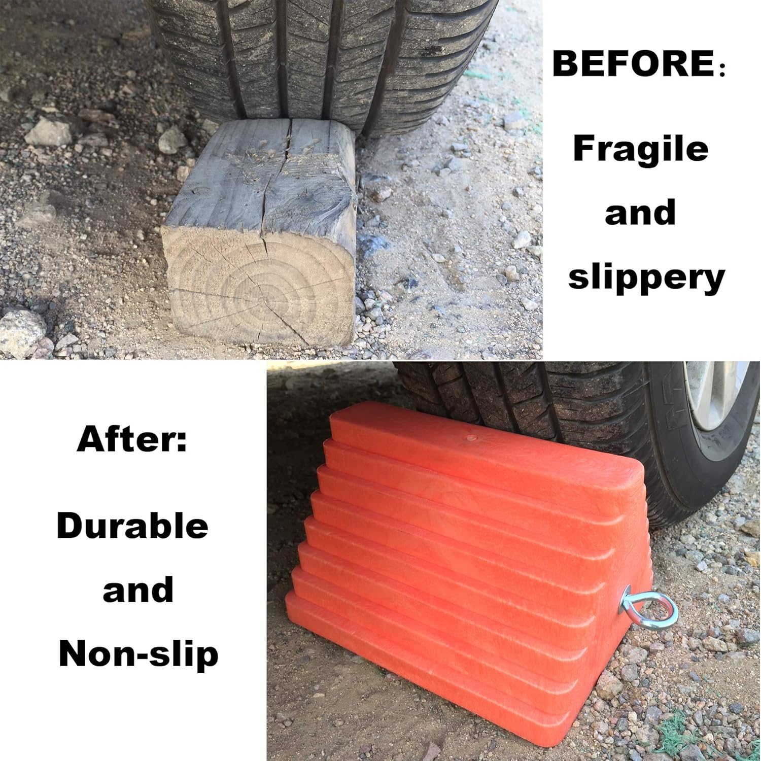 Camper Truck Car and ATV 2 Pack Orange Rubber Heavy Duty Vehicle Chocks with Eyebolt for Travel