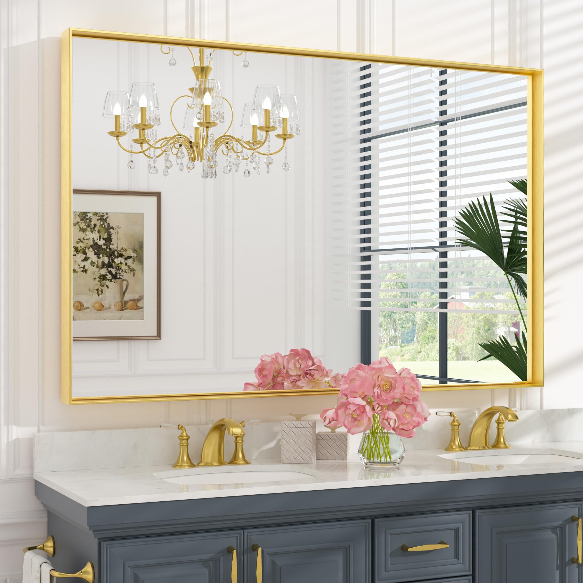 Photo 1 of Keonjinn Brushed Gold Bathroom Mirror 55 x 36 Inch, Large Gold Vanity Mirror for Wall, Metal Frame,Rectangle Square Corner, Oversized, Modern Farmhouse(Horizontal/Vertical)
