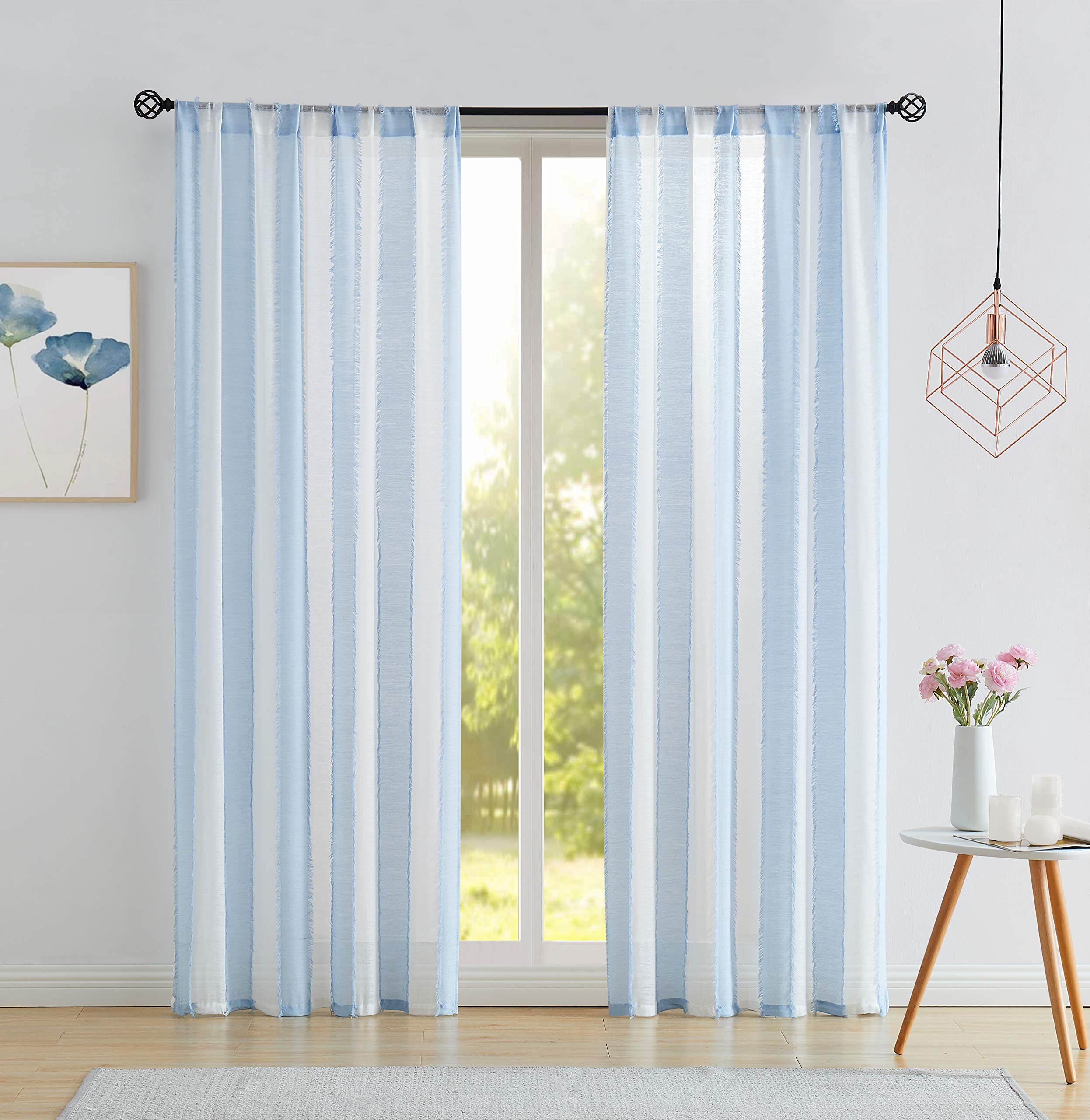 Fragrantex White and Light Blue Striped Sheer Curtains 84 inch Long Living Room Curtain Burlap Textured Boho Style Curtain&Drapes for Bedroom with Tassels Pattern 2 Panels,38Wx84L Rod Pocket