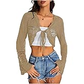 OYOANGLE Women's Crochet Tie Front Sweater Cardigans Bell Sleeve Knitted Cropped Bolero Shrug Cardigan