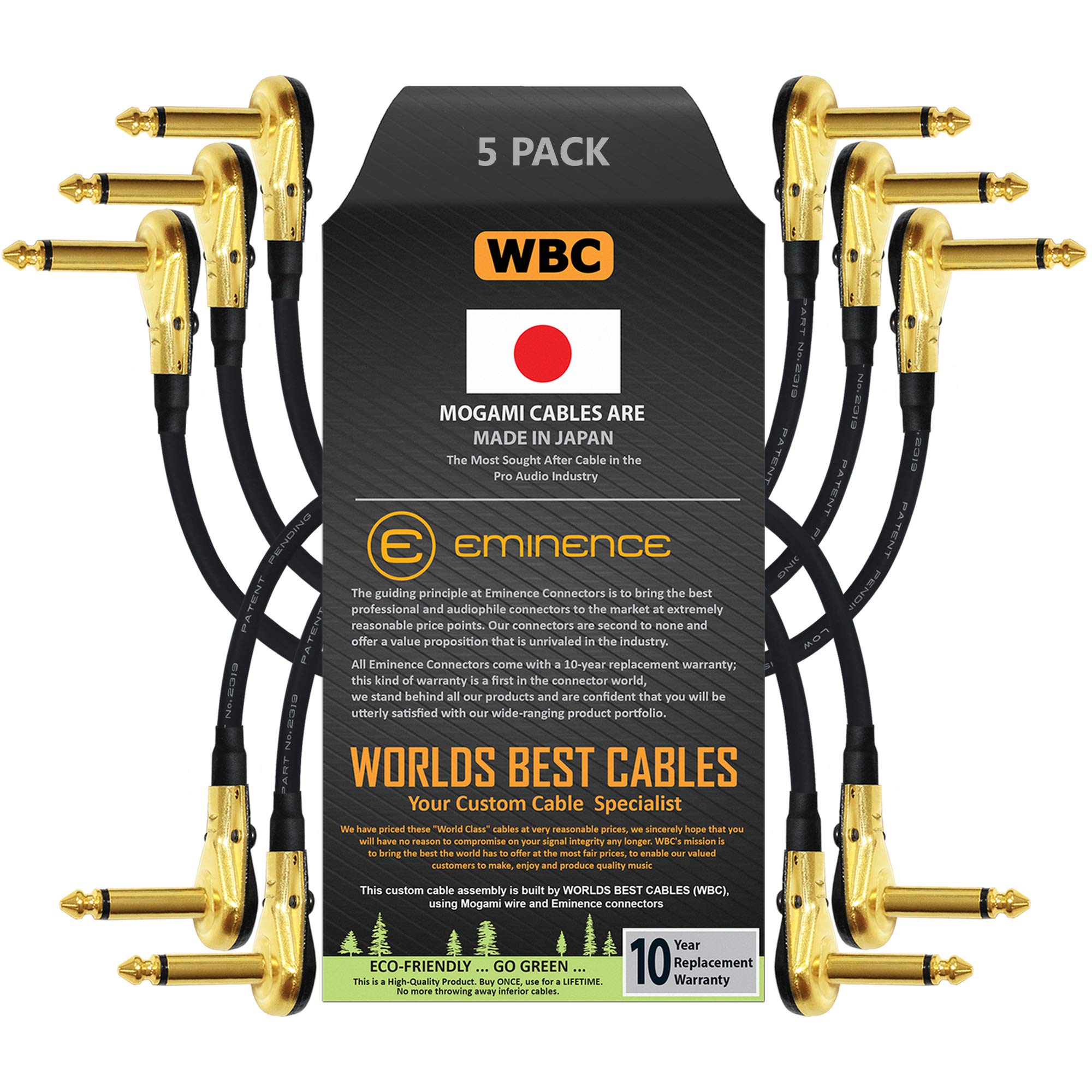 5 Units -Mogami 2319-15 cm (6 Inch) -Instrument Effects Patch Cable With Gold Plated, Low-Profile, Right Angled Pancake Type TS (6.35mm) Connectors